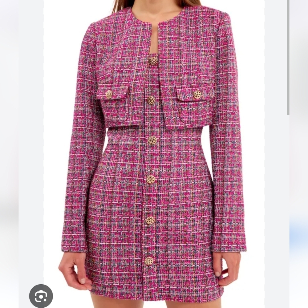NWT Endless Rose Cropped Tweed Jacket & Strapless Mini Dress Set Size S/XS Grape